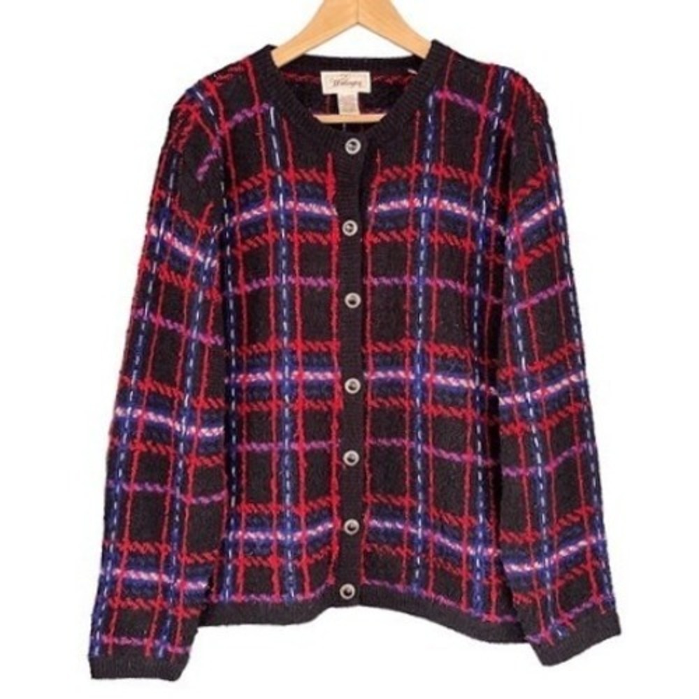 B2 80s VTG Worthington Plaid Button Front TWEED‎ Cardigan Sweater